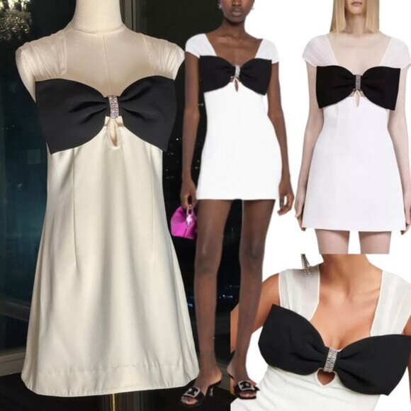 🆕 SELF-PORTRAIT 🧿 NWOT White And Black Crepe Bow Mini Dress, Sz UK 14 US 10 - Picture 1 of 16